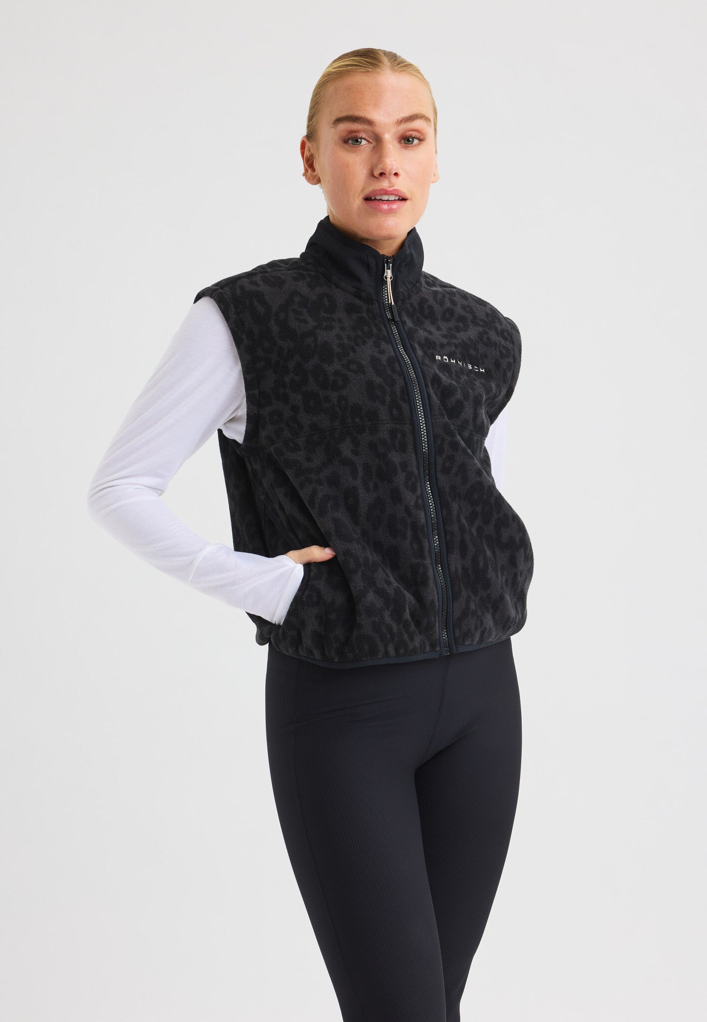 Thermal Zip Up Fleece Vest - Grey Leo Print