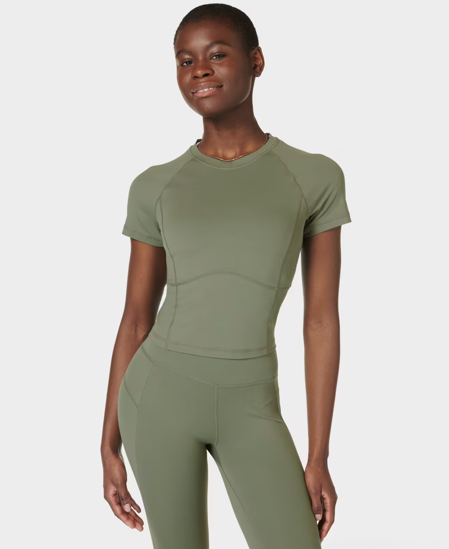 All Day Active Cropped Yoga T-Shirt - Umbra Green